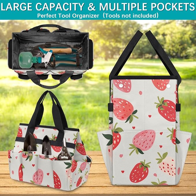 Strawberries Gardening Tool BagHeavy Duty Garden Tote BagPortable Oxford Gardening Storage Basket Organizer Handbag with Pockets HandleHand Tools Gifts for Outdoor Garden Lawn Yard