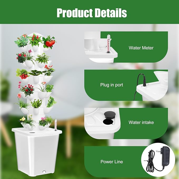 1 Set Hydroponic Tower with 10L Tank 6 Layers 30 Plants Indoor Hydroponics Growing System Soilless Cultivation Herbs Fruits Vegetables Vertical Planter Tower Kit (White)