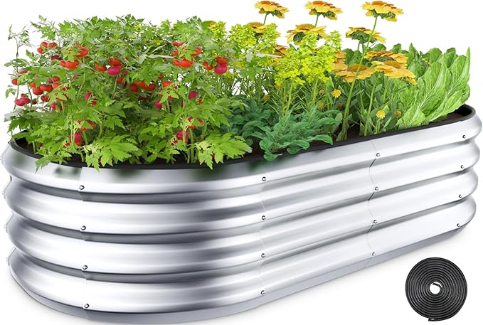 Raised Garden Bed Kit 4x2x1 ft Galvanized Planter Box Outdoor with Safety Edging Large Metal Raised Beds for Gardening Vegetables Flower Herb (Classic Silver)