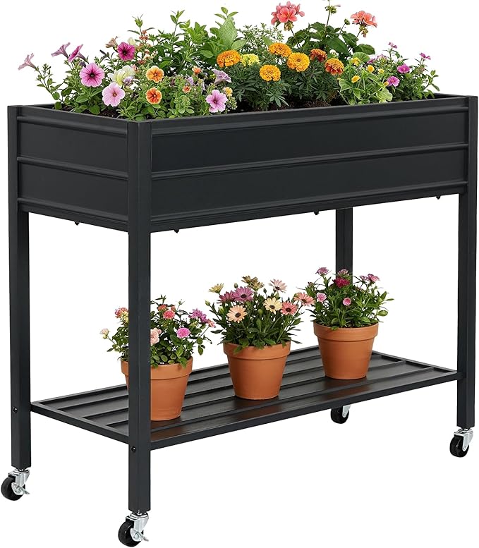 ZORMY 32 Tall Galvanized Raised Garden Bed with Legs Wheels &amp Shelf Elevated Planter Box Outdoor for Vegetables Herbs &amp Flowers Patio &amp Backyard Garden Bed with 400lb CapacityBlack