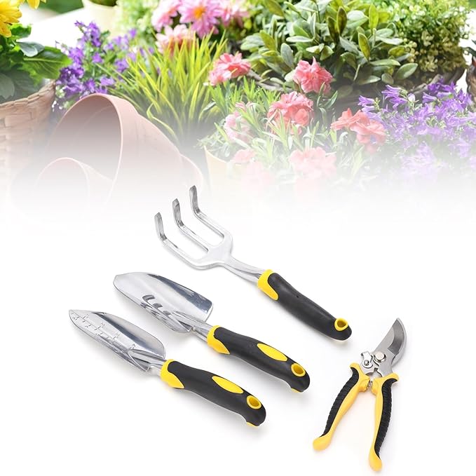 Gardening Tool Kit Garden Tool Set Transplanting Spade Pruner Heavy Duty Cast Aluminum Head Ergonomic Wood Handle for Planting Transplanting Small Plants Flowers 5Pcs Set