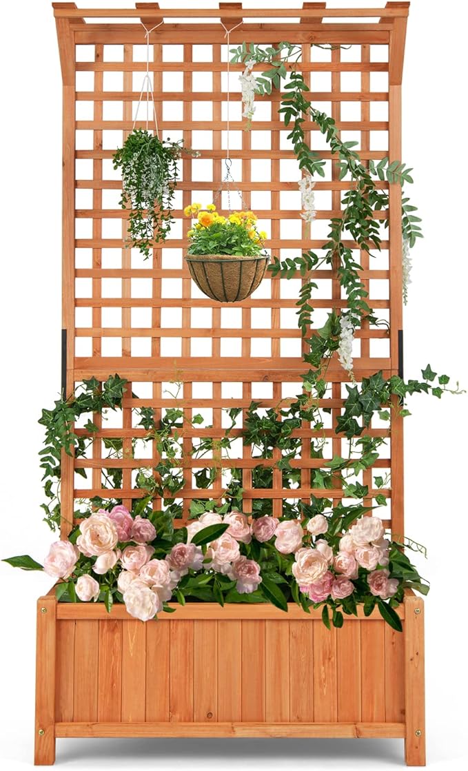 S AFSTAR Raised Garden Bed with Trellis Wood Elevated Planter Box with Hanging Roof &amp Climbing Trellis 4 Drainage Holes 72.5 Tall Freestanding Planter Container for Vine Climbing Plants Flower