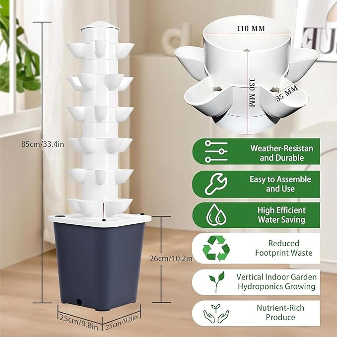 Hydroponic Tower | Vertical Hydroponic Tower Garden System | Water Circulation Plants Germination | with Water Pump &amp Timer | Vertical Hydroponic System for Gardening Lover (Grey 15 Holes)