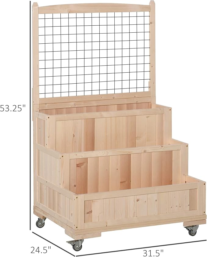 3 Tiers Raised Garden Bed with Trellis 53 H Vertical Planter Box with Wheels Back Storage Area for Flowers Vegetables Herbs Natural