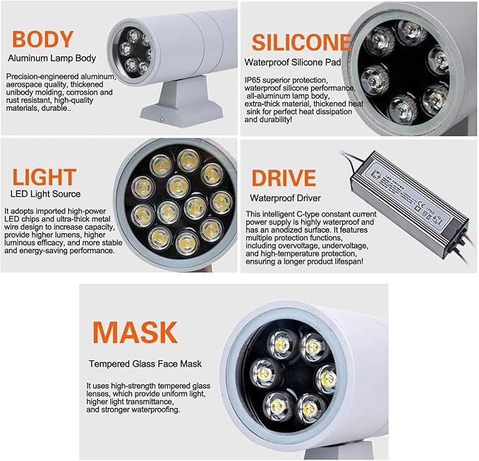 Double Head Up and Down Irradiation Outdoor Wall Washer Lights Spotlight Led Beam Light IP65 Waterproof Villa Courtyard Pillar Lamp 220V Exterior Landscape Lighting(White Light12w)