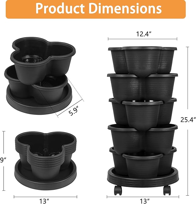 VECELO 5 Tier Vertical Garden Planter Self Watering Stackable Planters with Wheels for Strawberries Herbs Flowers Vegetables Black