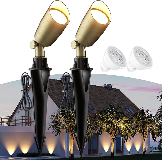 Low Voltage Brass Landscape Lights Solid Outdoor Spotlights with Replaceable MR16 LED Bulb 5W 2700K Warm White 12V 24V Landscape Lighting Waterproof Design for Garden Yard Patio