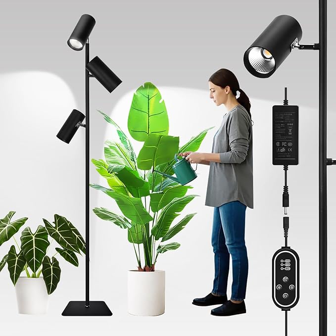 90W Dimmable Grow Light Full Spectrum COB LED Triple-Head Floor Lamp with High CRI 6/8/12H Timer Adjustable Height (43-83) &amp Angle – Standing Grow Lights for Indoor Plants (daylight 6000K)
