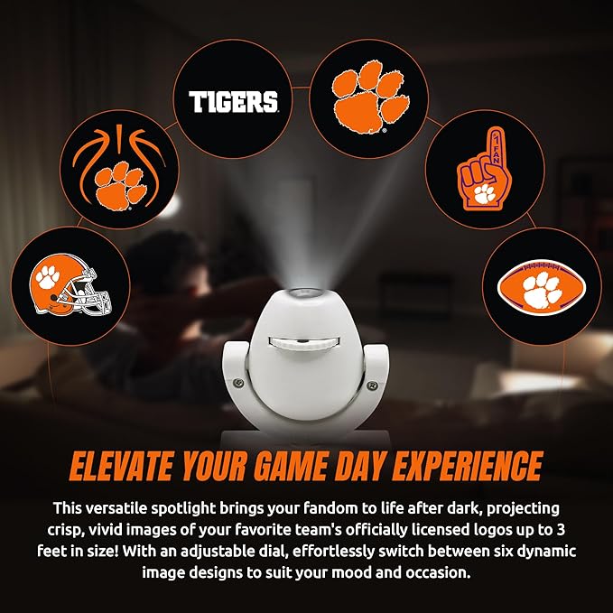 Sporticulture NCAA American Football Clemson Tigers - Adjustable Led Mini Spotlight Projector with 6 Team Logo Designs - Portable &amp Rechargeable Spotlight - Battery-Operated - 4.375” x 3.125”