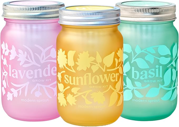 Modern Sprout Mason Garden Jar - Self-Watering Hydroponics Growing System Kit with Organic Herb Seeds - Jar Planter for Indoor Herb Garden - Seed Starter Kit - Easter Gifting -Basil+Lavender+Sunflower