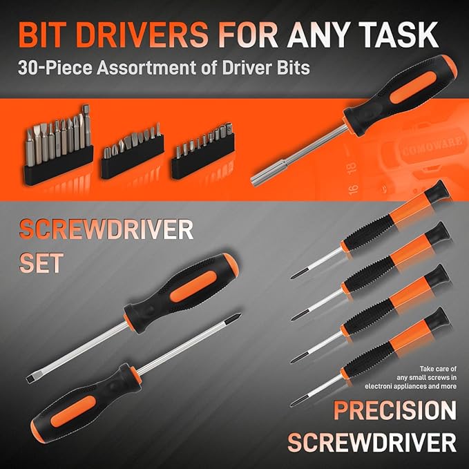 COMOWARE Household Tool Set with 12V Cordless Drill Driver Hand Tool Kit for Men Power Drill Set with Plastic Toolbox Ideal for Office Garden DIY Project Orange