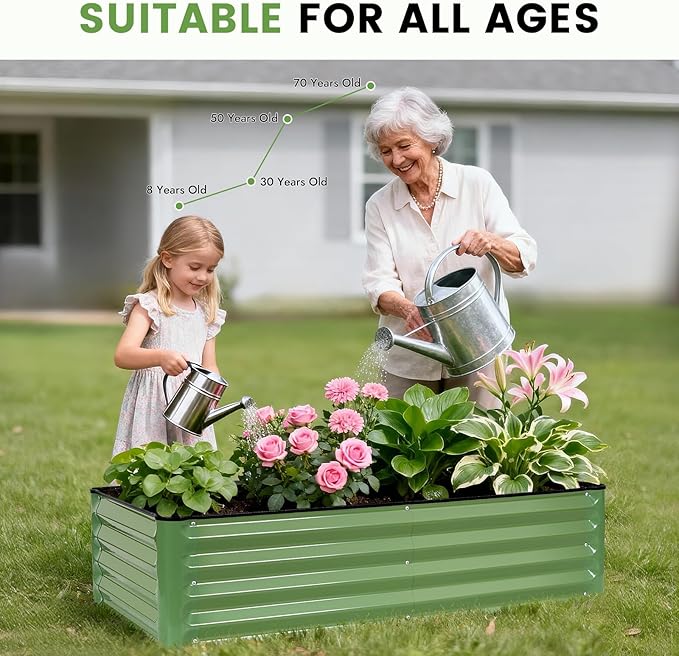 INNO STAGE Galvanized Raised Garden Bed Kits 4x2x1ft Metal Raised Garden Beds Outdoor Steel Raised Planter Bed with Gloves for Vegetables &amp Flowers Patio Ground Planter Box (Olive Green 2PCS)