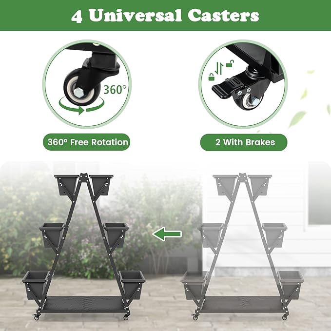 HAPPYGRILL Raised Garden Bed Vertical Garden Planter with Lockable Wheels Drainage Holes 3-Tier Elevated Planter Box for Deck Patio Balcony Perfect for Vegetables Flowers Herbs Tools