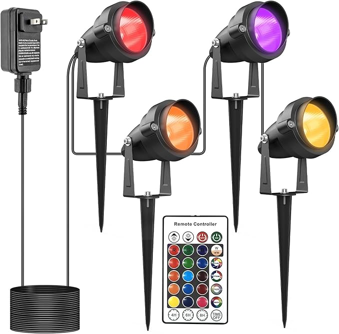 Christmas RGB and Warm White Spotlights with Timer 20W Individual Control Halloween Spot Lights Outdoor IP65 Waterproof Landscape Spotlight for Yard Garden 4 Lights