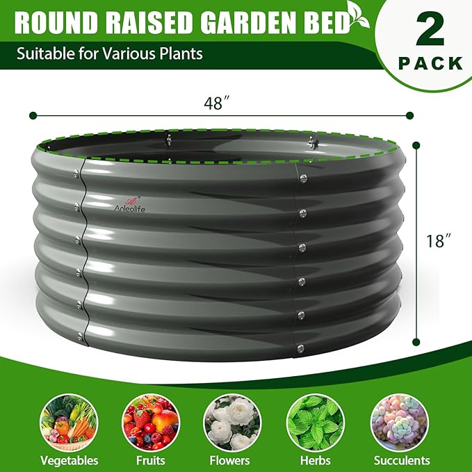 A ANLEOLIFE 6-Packs 4ft x 18” Tall Round Galvanized Raised Garden Beds Outdoor for Planting Vegetables Flowers Herb Quartz Grey