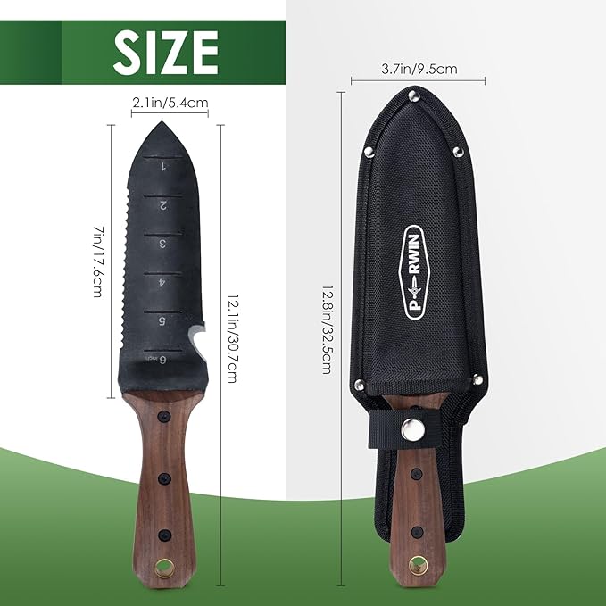 Hori Hori Garden Knife Garden Tools with Sheath for Weeding Planting Digging 7 Stainless Steel Blade with Cutting Edge Full-Tang Wood Handle with Hanging Hole