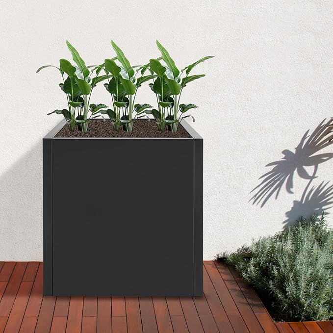 Raised Garden Bed 17 * 17 * 18in Steel Square Planter Flower Box for Indoor Outdoor Balconies Gardens Decks Patios Decks Front Porches (Black)