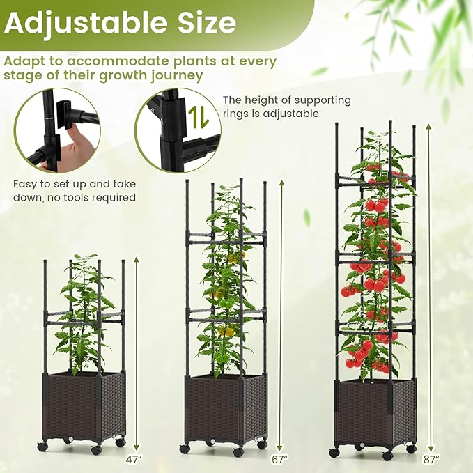 Giantex Raised Garden Bed Planter Box with Trellis 87 Tomato Planter for Climbing Vegetables Flowers Vine Plant Self-Watering Tomato Cage with Wheels for Garden Patio Outdoor &amp Indoor