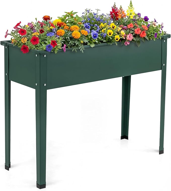 Giantex Metal Raised Garden Bed with Legs 40”x16”x32” Elevated Planter Box with Drainage Holes for Vegetable Fruit Flower Herb Outdoor Standing Gardening Box for Balcony Backyard Patio Porch Green