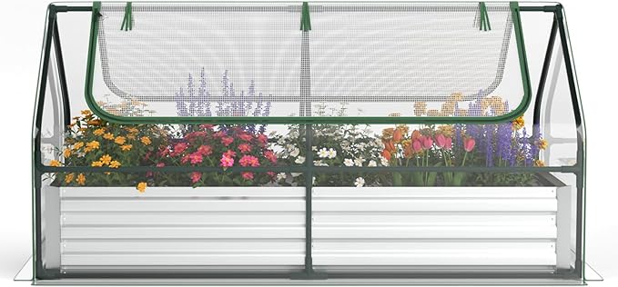 Raised Garden Bed with Cover - 6 x 3 x 3Ft Galvanized Steel Planter Box Kit with 2-Tier Roll-Up Zipper Windows Outdoor Mini Greenhouse for Growing Fruit Vegetable Flower Herbs