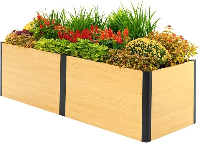 Vego garden Woodgrain Series Raised Garden Bed 26'' Tall 2' x 8' Wooden-Look Metal Planter Box Outdoor for Gardening Vegetables Flowers Herbs