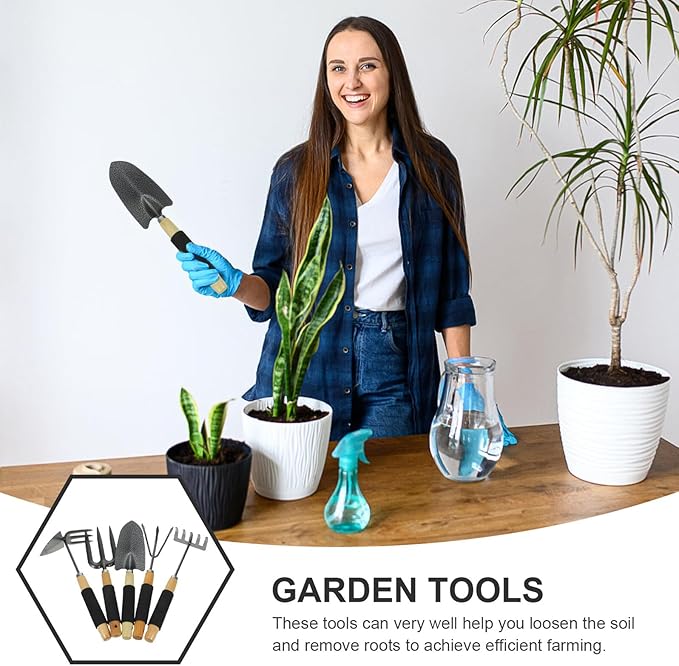 jojofuny 5pcs Garden Hand Tools Set with Shovel 5-Tooth Rake 3-Prong Cultivator Dual-Head Hoe and Large Trowel – Portable Gardening Kit for Planting and Lawn Care