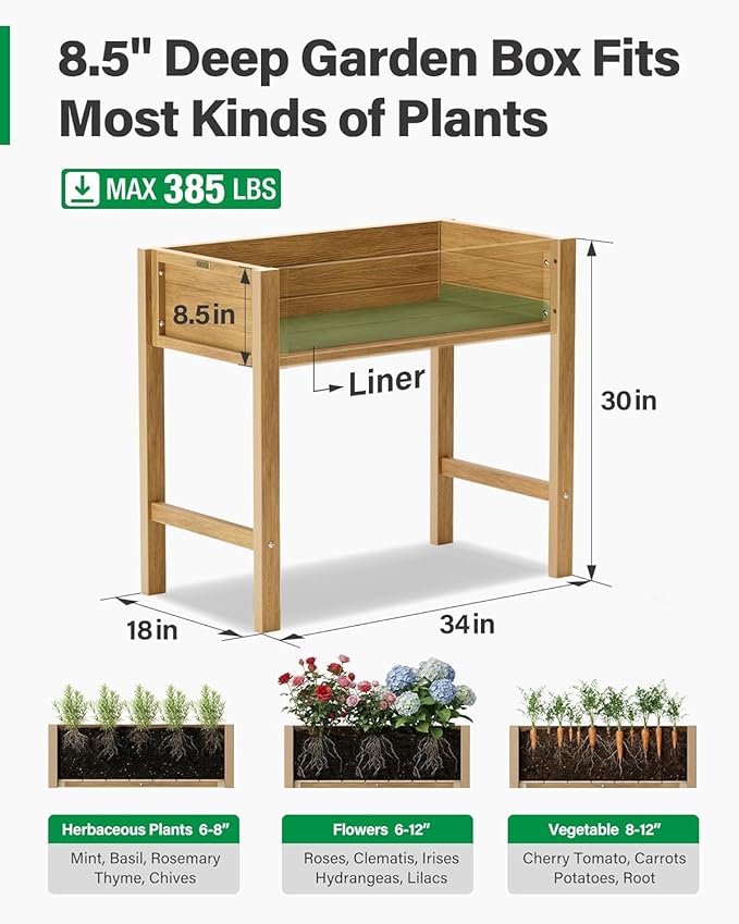 YEFU Raised Garden Bed Outdoor: 34x18x30in Teak HIPS Elevated Planter Box with Legs for Vegetables Herbs Flowers - Patio/Balcony/Backyard Gardening - Accessible Solution for Knee and Back Comfort