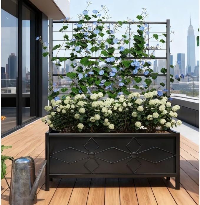 Galvanized Steel Raised Garden Bed with Trellis Support for Climbing Plants – Durable Outdoor Planter Box for Vegetables and Flowers (Black + Steel)