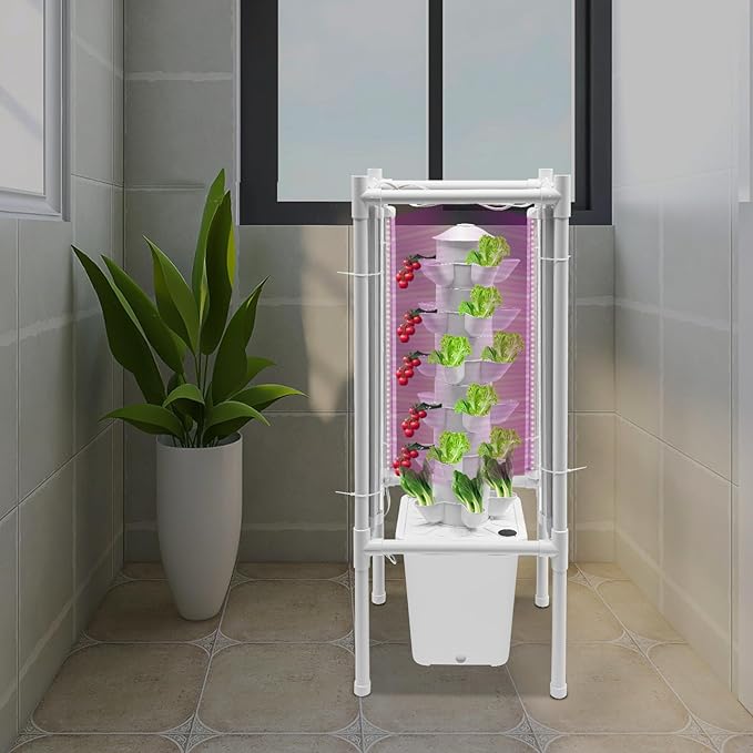 Bacocoo Hydroponic Vertical Growing System with LED Lights &amp Stand 6-Tier 30 Pods Indoor Garden Kit 10L Water Tank Auto Water Pump for Vegetables Strawberries Food-Grade PP Material. (White)