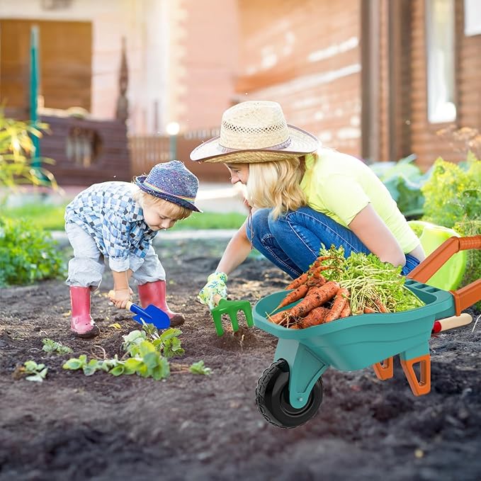 Kids Gardening Set with Wheelbarrow Real Metal Garden Tools for Kids Ages 3-8 4 Long Handle Tools 3 Hand Tool Gloves 5 Stickers Handbook Outdoor Backyard Toys for Toddler Gift