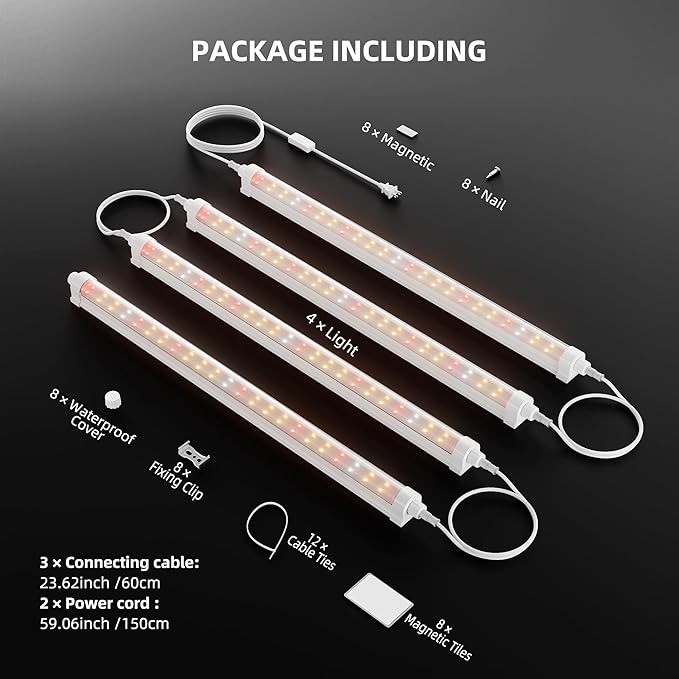 Spider Farmer 1FT LED Grow Lights for Indoor PlantsFull Spectrum (3000K+5000K+660nm)40W (4x10W200W Equivalent)3-Level DimmableIP65 WaterproofLinkable DesignPlant Light Strip for Shelve4-Pack