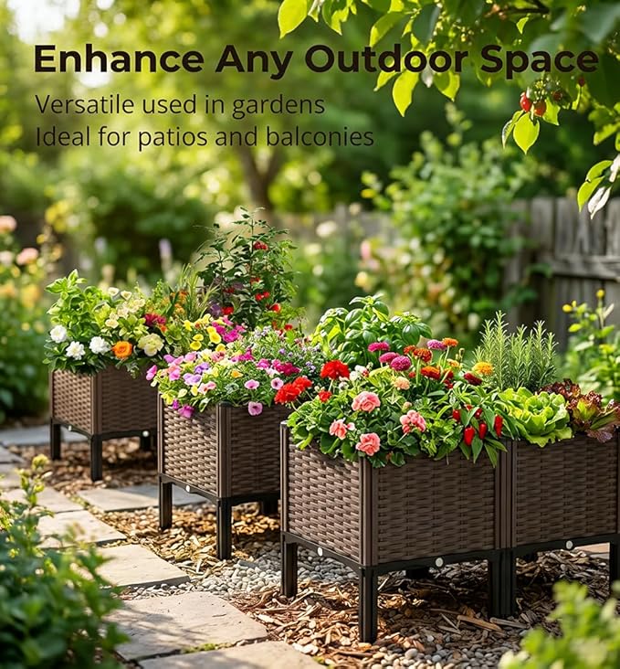 CloudDream 3Piece Brown Raised Garden Box Set Ideal for Growing Vegetables Herbs Flowers &amp Succulents. with Built-in Drain outlets andit Works Well Indoors and Outdoors Suitable (Brown)