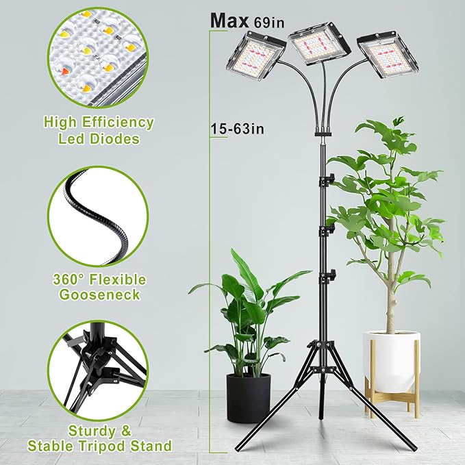 LORDEM Plant Grow Light with Stand Full Spectrum LED Growing Lamp Tri-Head with 3H/6H/12H Timer 6 Dimmable Levels 3 Lighting Modes 15-63 Adjustable Tripod