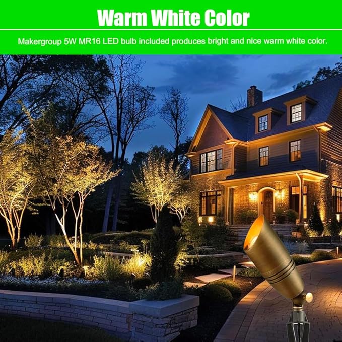 LED Brass Spotlight Uplight 12V Low Voltage Landscape Outdoor Lighting Waterproof Solid Brass Uplight Spotlight Accent Lighting Fixture Included a 12V Warm White MR16 LED Light Bulb