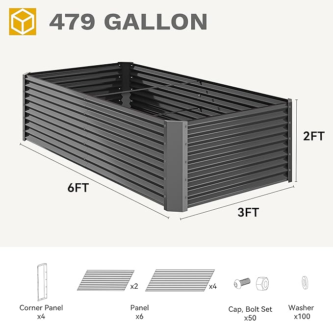 DWVO 6 x 3 x 2 FT Raised Garden Bed Kit Outdoor Galvanized Flower Bed with Gloves Large Metal Planter Box for Vegetables Flowers Herbs Fruits Black