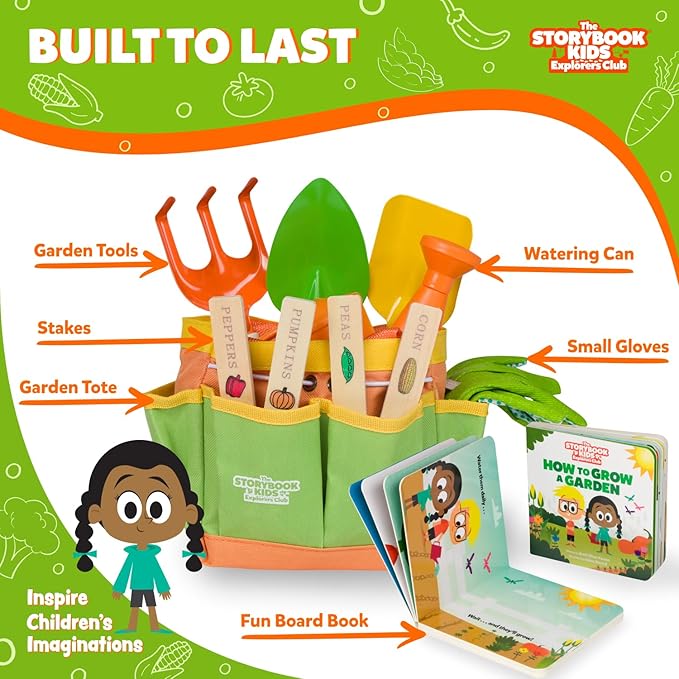 Matching Board Book - Green Kids Gardening Tools Set Includes Sturdy Tote Bag Watering Can Shovel Rake and Trowel - Garden Storybook - Kids Garden Tools- Easter Gifts for Toddler Age on up.
