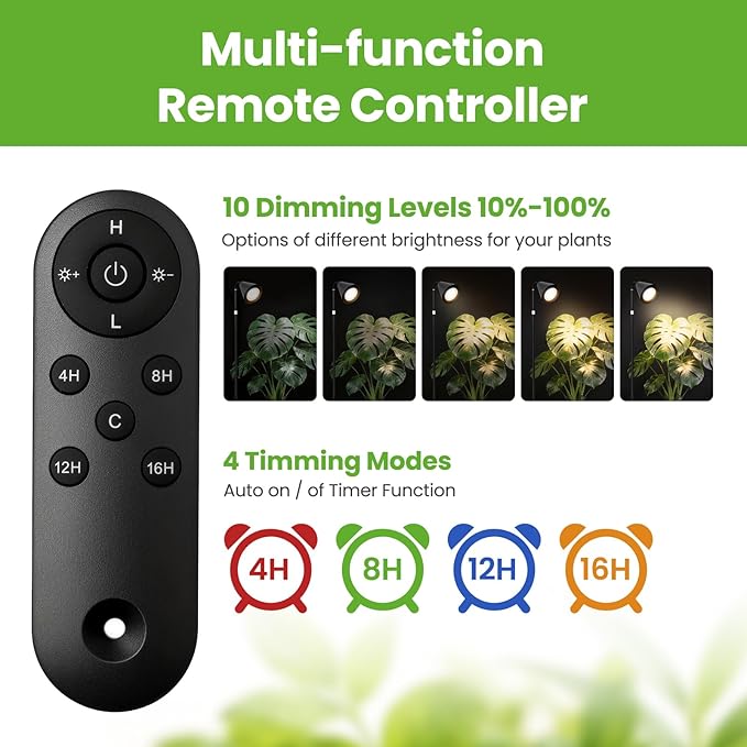 Grow Lights for Indoor Plants 20W Full Spectrum Growing 63in Adjustable Height Stand 4/8/12/16H Auto Cycle Timer 10 Levels Dimmable Remote Control Standing Grow Floor Lamp for Small to Tall Plant