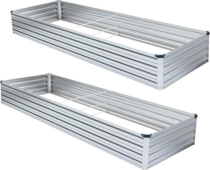 2 Pack 8x2x1FT Galvanized Raised Garden Bed Kit Outdoor Metal Planter Box for Vegetables Bottomless Rectangular Gardening Bed with Support Rods Tool-Free Assembly Silver