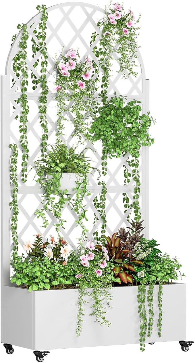 Metal Planter Box with Trellis Privacy ScreenRaised Garden Bed with Trellis &amp Wheels Privacy Planters for Patio Planter Box Drainage Holes for Climbing Plants Flower Black