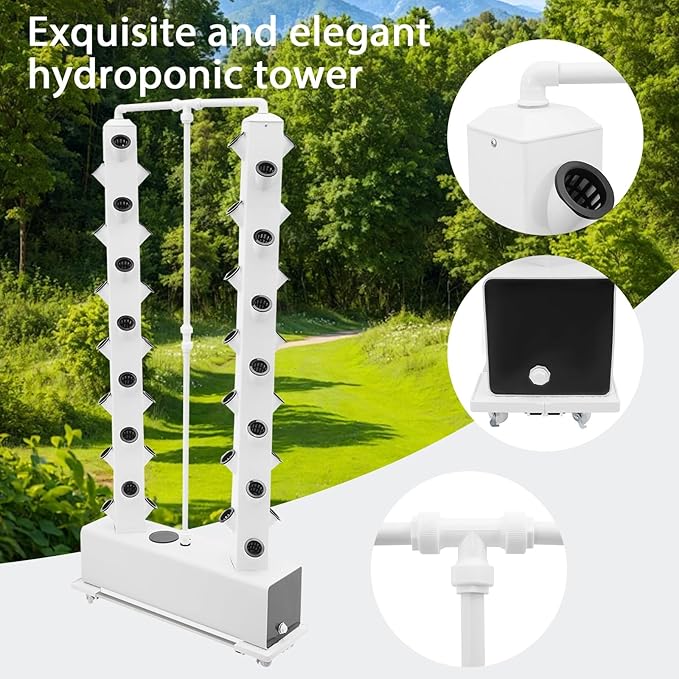 Hydroponics Growing System 56 Plants Indoor Hydroponic Tower Vertical Farming Tower with Pump and Wheels Hydroponic Germination Kit for Gardening Lover White