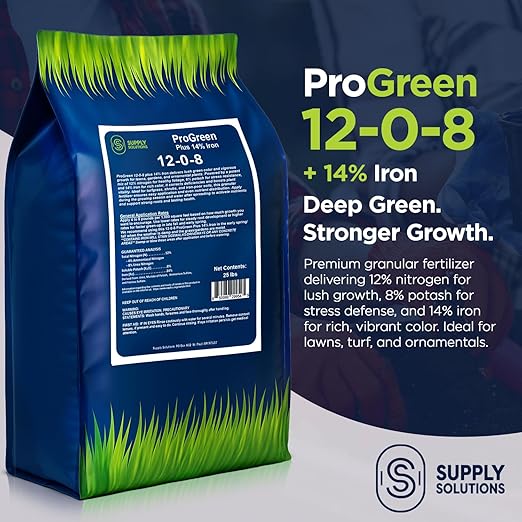 Supply Solutions | ProGreen 12-0-8 Plus 14% Iron | Granular Lawn and Garden Fertilizer - Plant Food Support for Deep Green Color and Stronger Roots - Perfect Spring Boost for Lawns (25 Pounds)