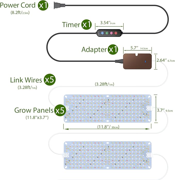Full Spectrum 960 LEDs Grow Lights60W Plant Grow Lights for Indoor Plants with Daisy Chain Function Sunlike Spectrum4/8/12/16/20H Timer for Seed Starting(Pack5)