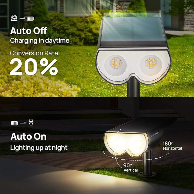 Consciot Solar Spot Lights Outdoor 16 LEDs IP67 Waterproof Auto On/Off Landscape Spotlights 2-in-1 Adjustable Wall Lights for Garden Yard Pathway 4 Pack (Warm White)
