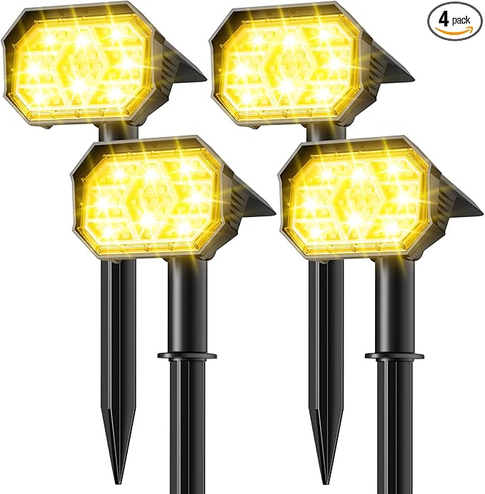 Brightown Solar Lights Outdoor with 58 LED &amp Auto ON/Off IP67 Solar Spot Lights Outdoor with 3 Light Intensities. 2-in-1 Outdoor Solar Lights for Yard Gardens Flag and Pathways. 4Pcs (Warm Whit