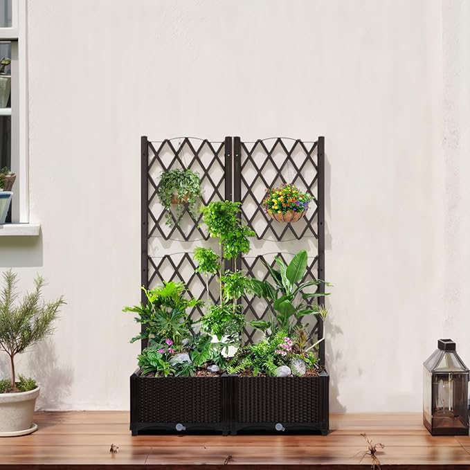 48 Outdoor Garden Flower Standing Planter BoxPlastic Planter Raised Garden Trellis BedIndoor Outdoor Flower BedVertical Pot Standwith Drainage Holesfor Patio Porch Yard Balcony (Brown)