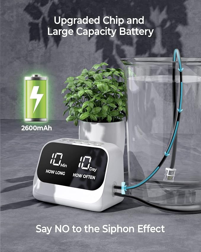 Automatic Watering System for Potted Plants Plant Waterer DIY Drip Irrigation Kit with Smart Timer Waterproof LED Display &amp Large Capacity Battery Precise Distribution of Water (White)