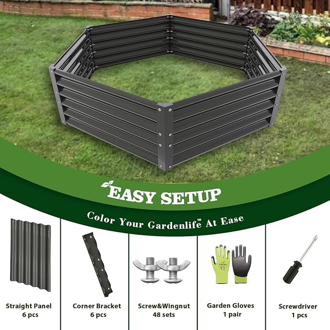 A ANLEOLIFE Hexagon Galvanized Metal Raised Garden Bed Outdoor 70x60x18in Deep Metal Planter Box for Flowers Herbs &amp Vegetables 18'' Tall Decorative Raised Bed Quartz Grey