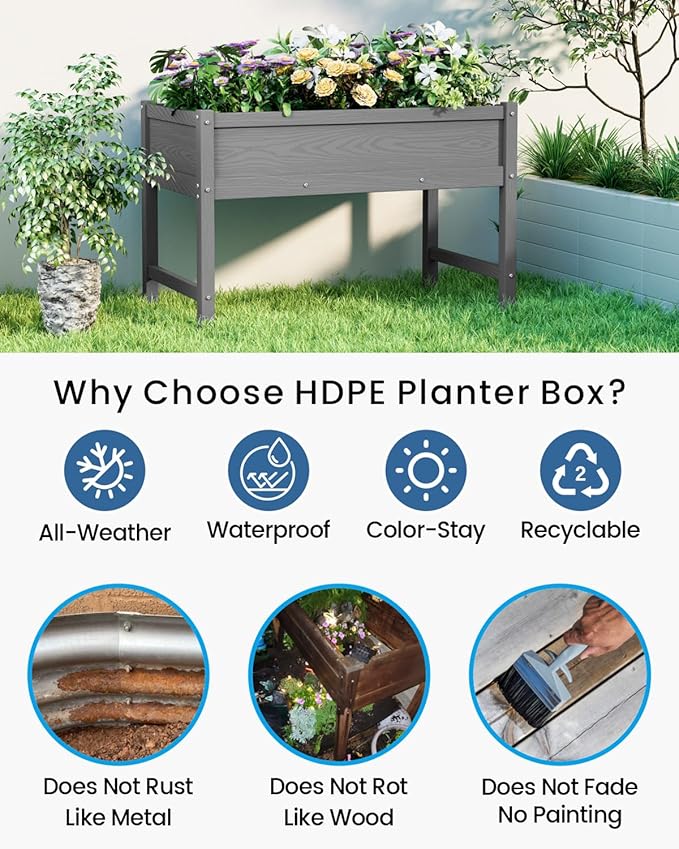 HDPE Raised Garden Bed with Legs Outdoor All-Weather Elevated Planter Box Raised Beds for Seeds Herb Flower Vegetable (Grey)