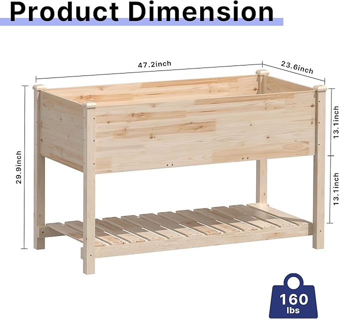 Gotland Raised Garden Bed with Legs Raised Beds for Gardening with Storage Shelf Bed Liner Drainage Holes Wooden Planter Raised Beds Raised Planter Box for Backyard Patio Balcony Natural