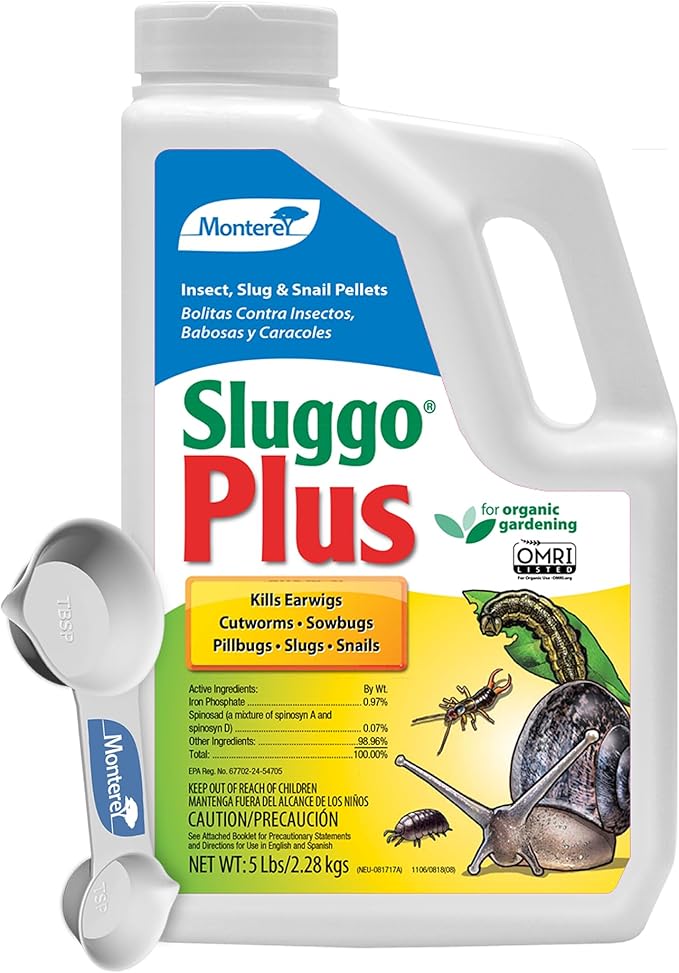 Monterey Sluggo Plus Bundled with Measuring Spoon - Snail &amp Slug Killer Plus Controls Other Insects OMRI Listed for Organic Gardening - 5 lb jug
